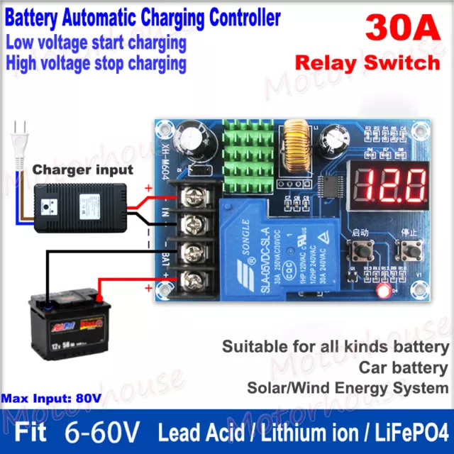 LED 6-60V 30A Battery Automatic Charging Controller Charger Module Relay Switch