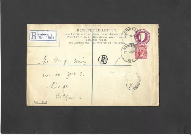 London Stationery KGV 41/2d Registered Envelope + 1d ALDGATE rubbers to Belgium