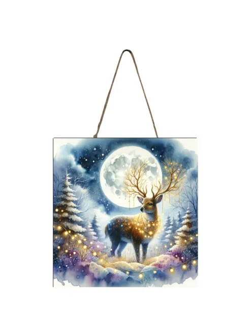 Full Moon Christmas Deer Woodland Ornament, Tier Tray Sign, Wood Mini Sign