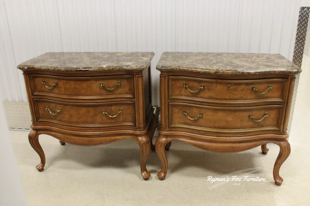 Pair Thomasville Large Burled Serpentine Marble Top Night Chests Pair Thomasville Large Burled Serpentine Marble Top Night Chests