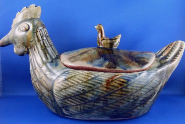 RARE Antique GLAZED HEAVY POTTERY HEN Majolica EGG HOLDER w/ 3D LID Collectable 3