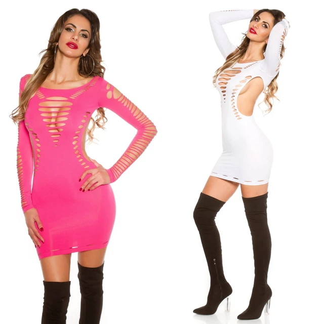 Vestito donna abito corto aderente sexy maniche lunghe rosa estivo estate