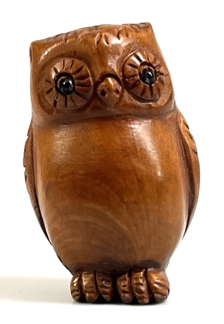 Japanese Netsuke Owl Hand Carved Boxwood 1 Inch Bead Signed