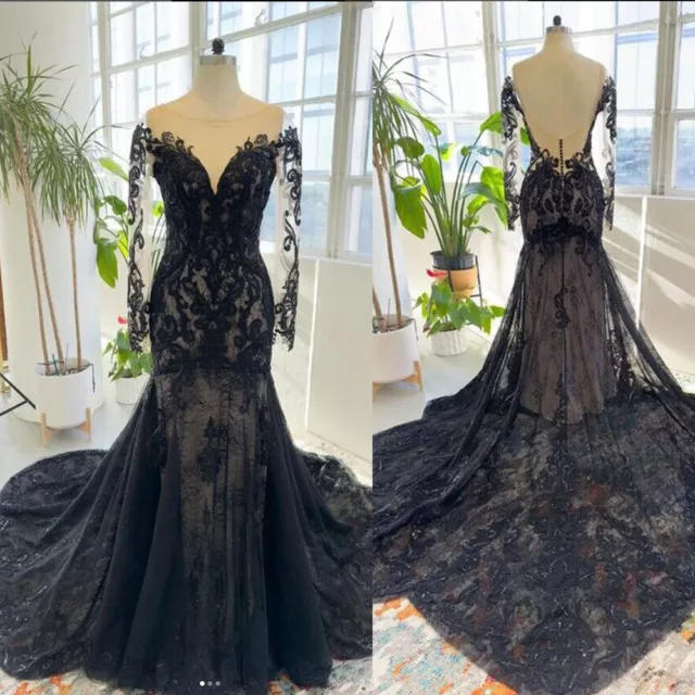 Gothic Black Wedding Dresses Deep V Neck Long Sleeves Lace Appliques Bridal Gown