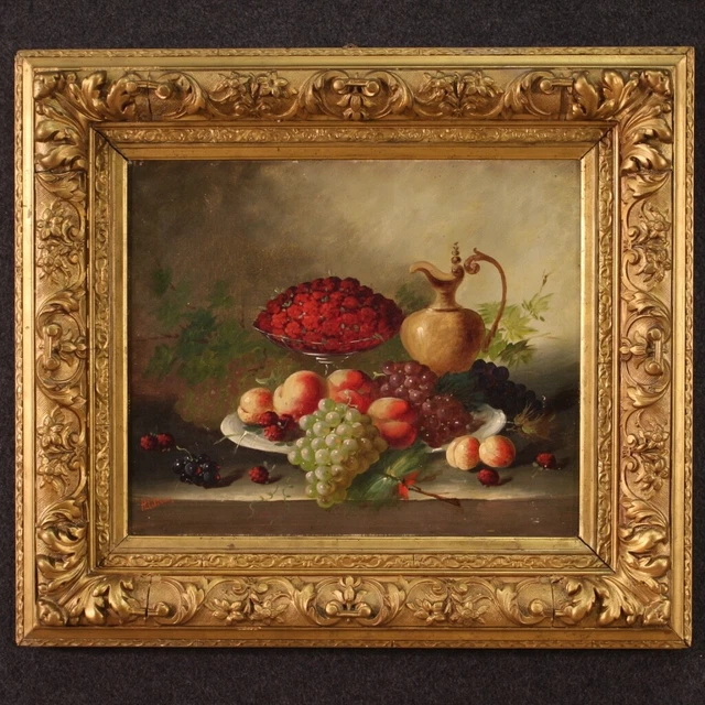 Natura morta firmata dipinto olio su tela quadro frutta cornice XX secolo 900