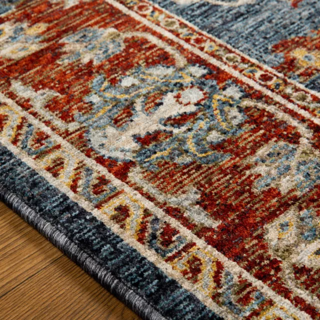 Traditional Blue Red Rust Oriental Floral Faded Design Durable Area Rugs Runners 3