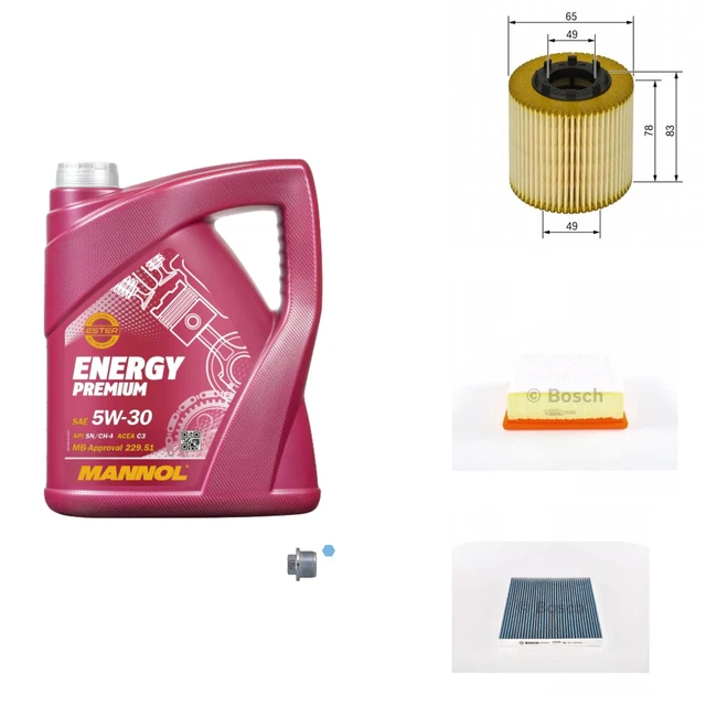 Bosch Pacchetto di Ispezione 5 L mannol Energy Premium 5W-30 per Fiat Grande