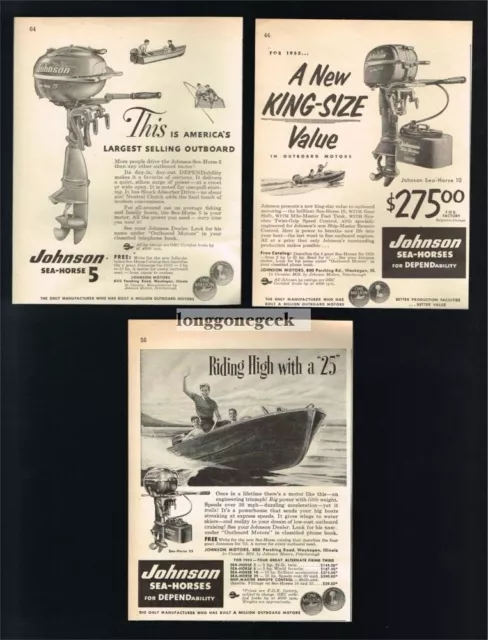 3x 1953 JOHNSON Sea Horses 5hp 10hp 25hp Outboard Boat Motor Vintage Ad