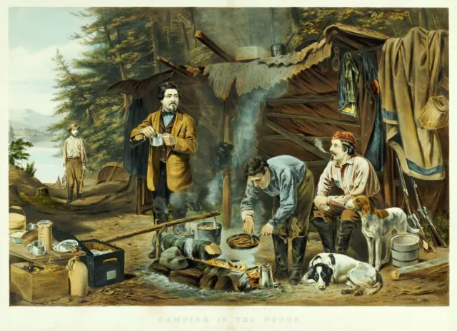 Currier, Ives "Canvas Print of Antique Engraving - Camping In Woods" american