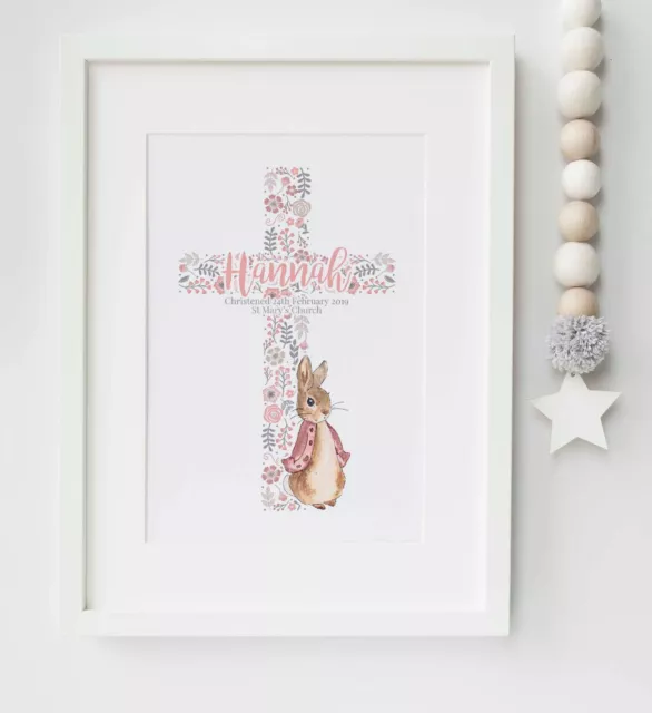 Personalised Peter Rabbit Christening Cross New Baby Name Nursery Print UNFRAMED