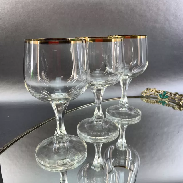 New Vintage Set Of 3 Gold Rimmed Crystal 6” Wine Glasses Mint Octagon Stem