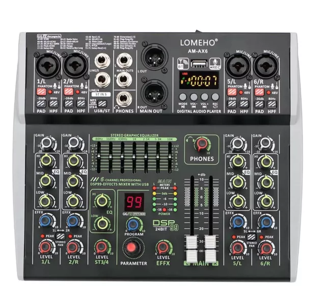 Table de mixage AM-AX6 99 effets DSP, Bluetooth, USB, ordinateur, enregistrement