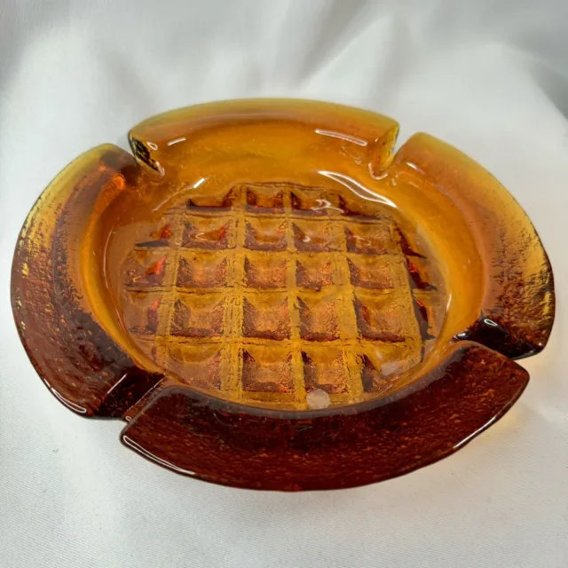 Vintage Blenko Art Glass Wheat Amber Waffle Handmade 8.5" Ashtray 1969 - 1978
