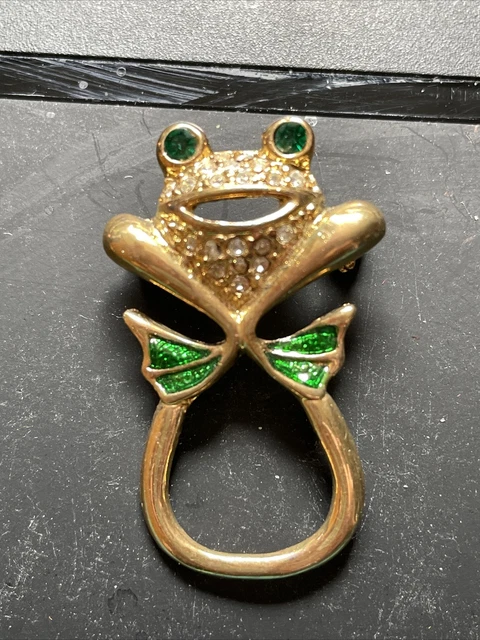 Vintage Green Rhinestones Frog Pin Gold Tone Brooch