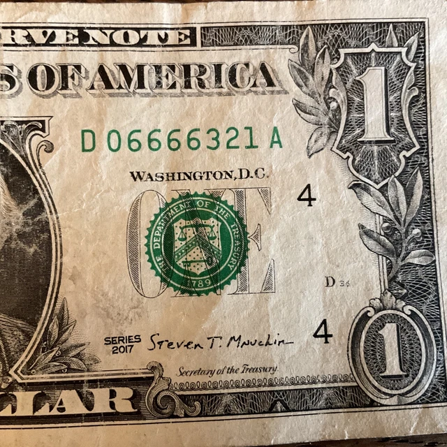 Fancy Serial Number One Dollar Bill Solid Consecutive 4 in a Row 6s Note