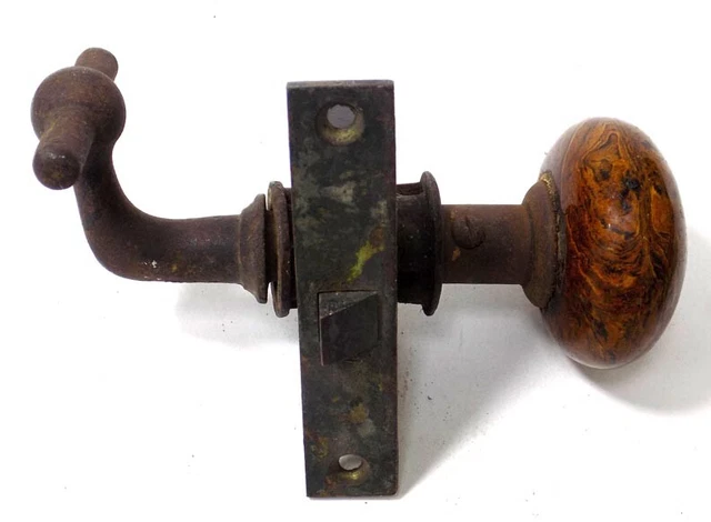 Antique  Brown Marbled Swirl Porcelain Door Knob / Iron Handle Passage Set