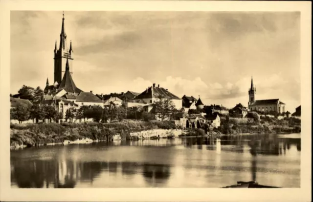 Čáslav Tschechien Postkarte ~1950/60 Teilansicht Kirchen Fluss See ungelaufen