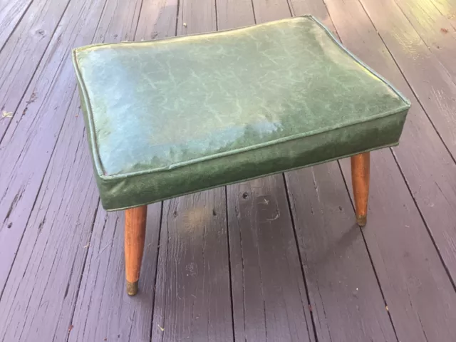 Vintage 1960s MCM Rectangle Footstool Ottoman Green Vinyl Brass Feet