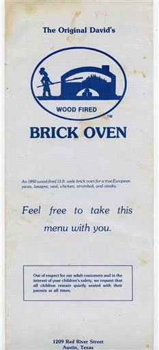 Original David's Brick Oven Wood Fired Pizza Menu Red River Rd Austin Texas 1983