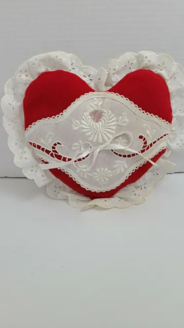 Vintage Hand Sewn Heart Shaped Pillow Red & White Lace WW