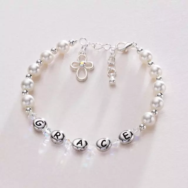 Personalised Pearl & Cross Girls Bracelet Christening Confirmation Baptism Gift