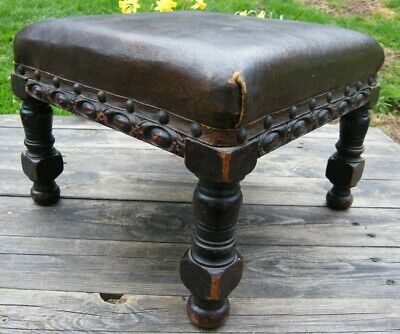A Pair Of Carved Wood & Faux Leather Country House Foot Stools 4
