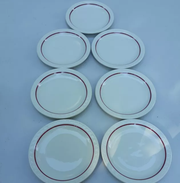 Syracuse China Econo-Rim Restaurant Red Stripe Emboss Scallop 6" Plates,Set of 7