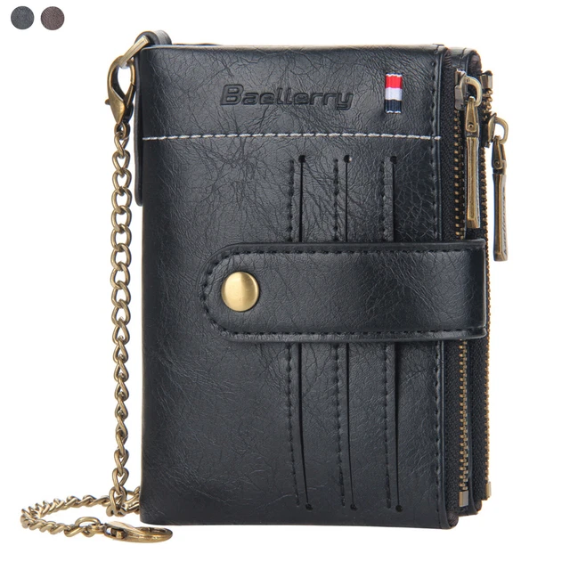Men Chain Wallet Leather Biker Trucker Zip Credit Card Holder with Coin Pocket