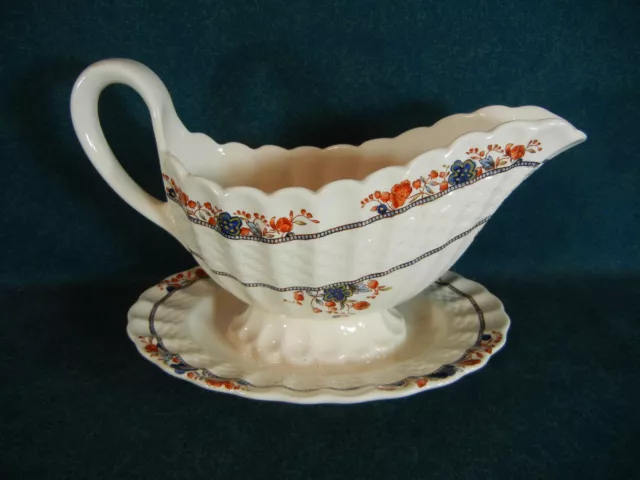 Copeland Spode Mandalay Chelsea Wicker Shape Gravy Boat on Attached Under Plate