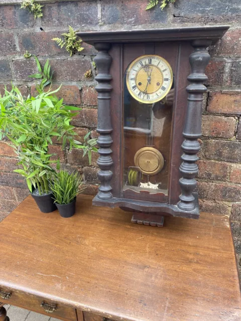 Antique German HAU Wooden Cased Wall Clock With Pendulum Hamburg Amerikanische