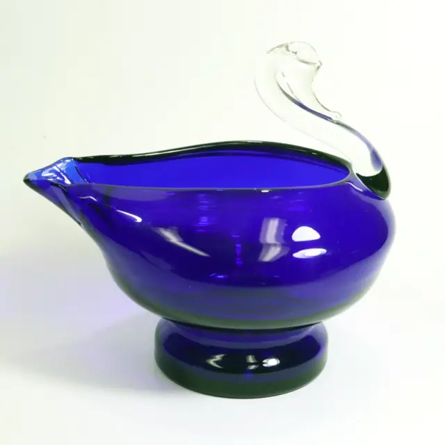 Vintage Hand Blown Footed Swan Candy Dish Bowl Cobalt Blue and Clear Art Glass