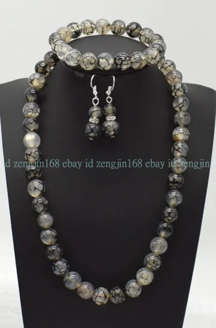 10mm Natural Black White Dragon Veins Agate Necklace Bracelet Earrings Set 18''
