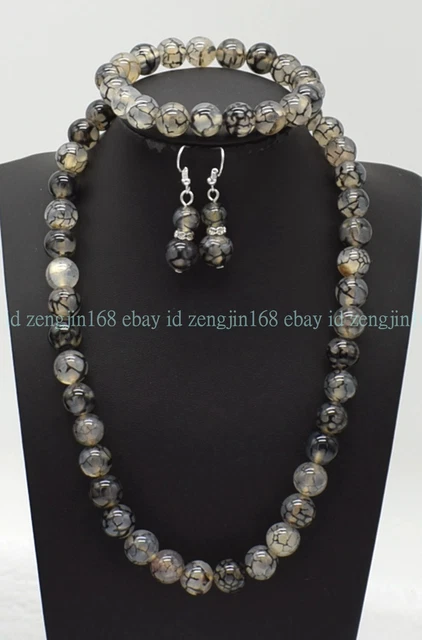 10mm Natural Black White Dragon Veins Agate Necklace Bracelet Earrings Set 18''