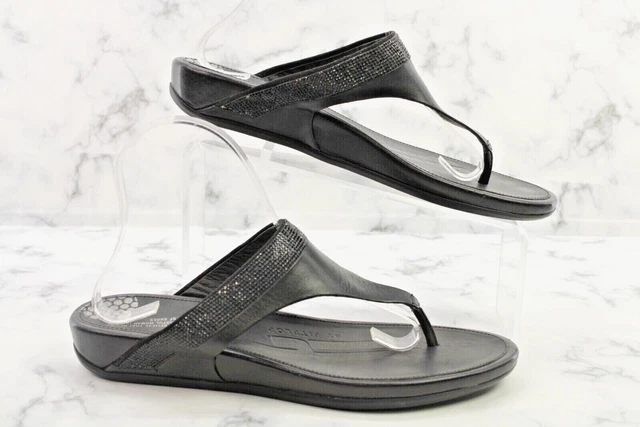 FITFLOP Banda Leather Crystal Flip Flop Thong Sandals Women's Size 11 Black