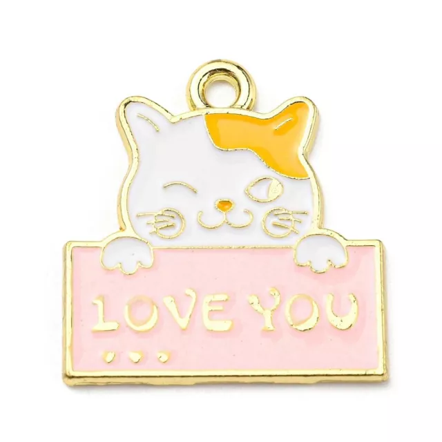 5 hermosos colgantes ""LOVE YOU"" diseño de gato tono dorado y detalles esmaltados