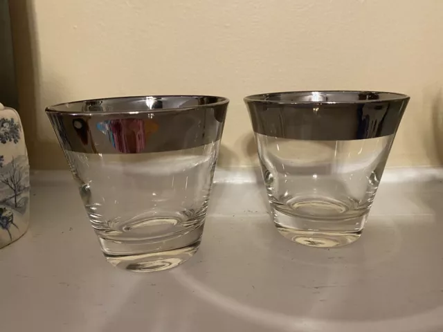 ~ Vintage Dorothy Thorpe Shot Glasses Lot QTY 2 Silver Rim 2.75" Mid Century ~