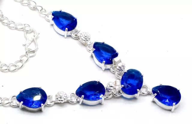 925 Sterling Silver Blue Tanzanite Gemstone Handmade Jewelry Necklace Size-17-18
