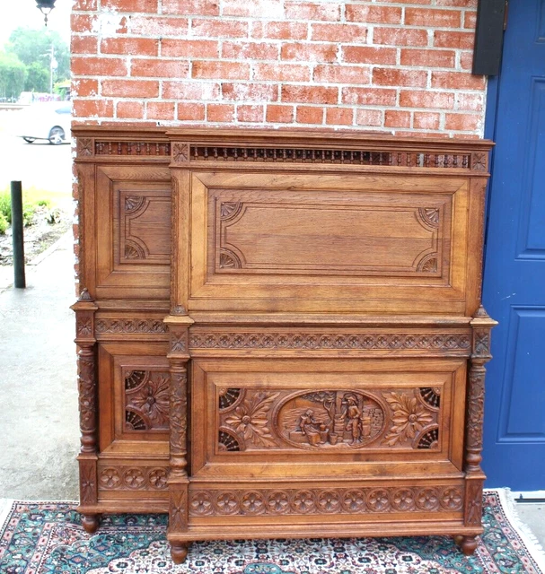 Pair Of French Antique Carved Chestnut Wood Brittany Twin Size Bed w. Rails