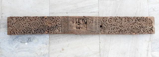 1800's Ancient Indian Hand Carved Wood Ganesha Floral Figure Welcome Door Panel
