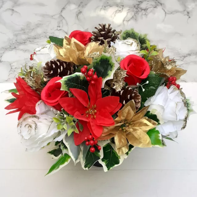 Artificial Silk Flowers Red Gold Ivory Weighted Christmas Grave Pot Arrangement