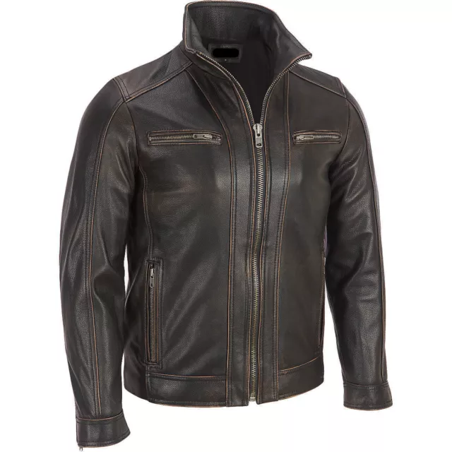 MEN'S BLACK RIVET Leather Faded-Seam Jacket Genuine Cowhide Leather ...
