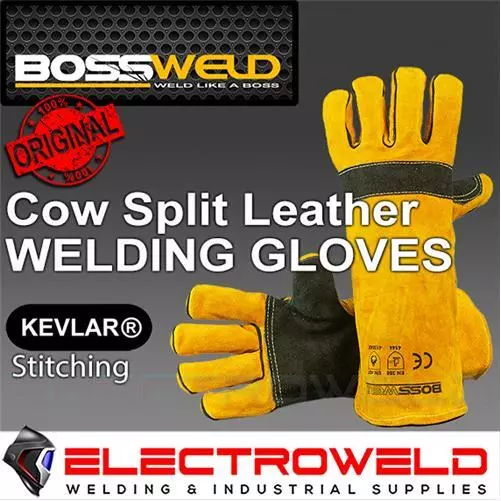 BOSSWELD Leather Welding Gloves, Long Gauntlet Heat Flame Resistant Mig, 700008