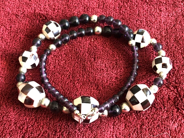 Beautiful Karla Jordan Art Deco Style B & W Checkered MOP and Amethyst Necklace