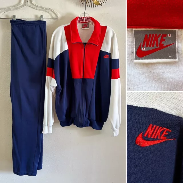 Vtg 80s 90s NIKE Gray Label Sweat Tracksuit Jacket Pants LARGE White Red Jogging