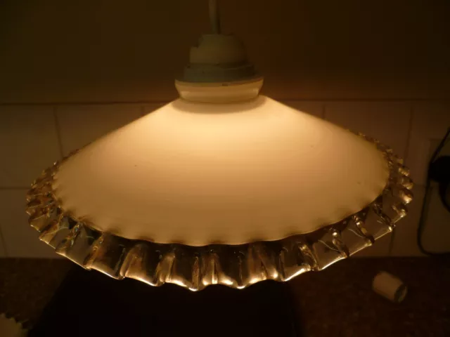 A Vintage, Art Deco, French, Crimped Edge, Opaque Glass Pendant Light Fitting