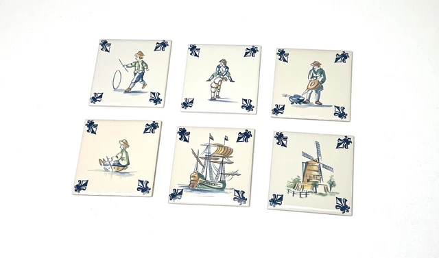 6 KLM Airlines Dutch Delft Ceramic Tile Coasters Business Class Blue