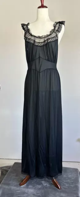Vintage Van Raalte Nightgown Womens 36 Black Sheer Nylon Lace Ruffle Full Sweep