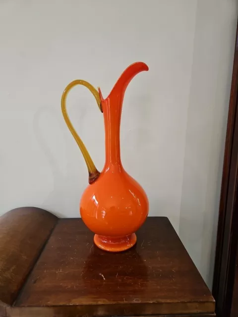 Carlo Moretti Empoli Italy Orange Cased Art Glass Pedestal Ewer Amberina Handle