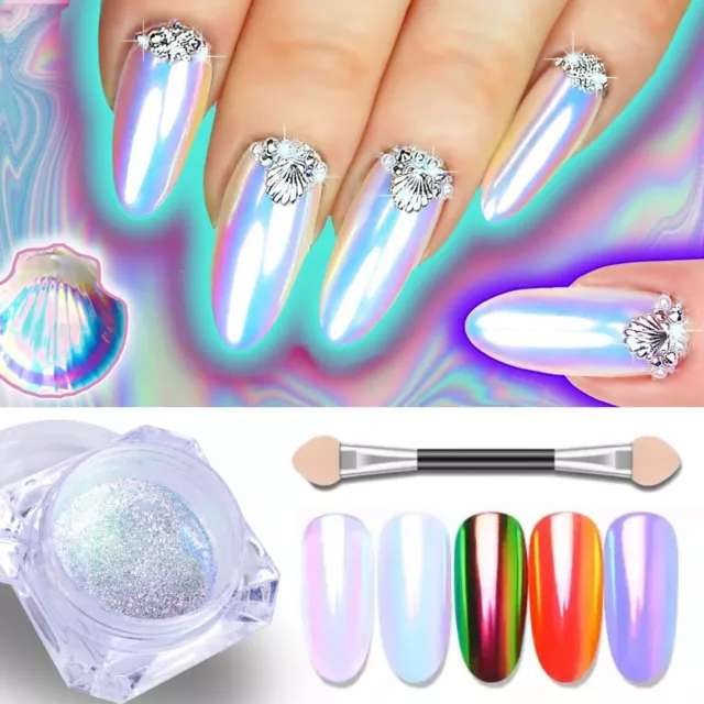 LICORNE CHROME poudre à ongles miroir blanc effet AURORA sirène arc-en-ciel cristal AB 2