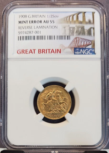 1908 Great Britain Gold 1/2 Sovereign Ngc Au 55 Mint Error Reverse Lamination